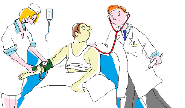 L'immagine raffigura un'infermiera che misura la pressione al paziente e il medico che visita il paziente